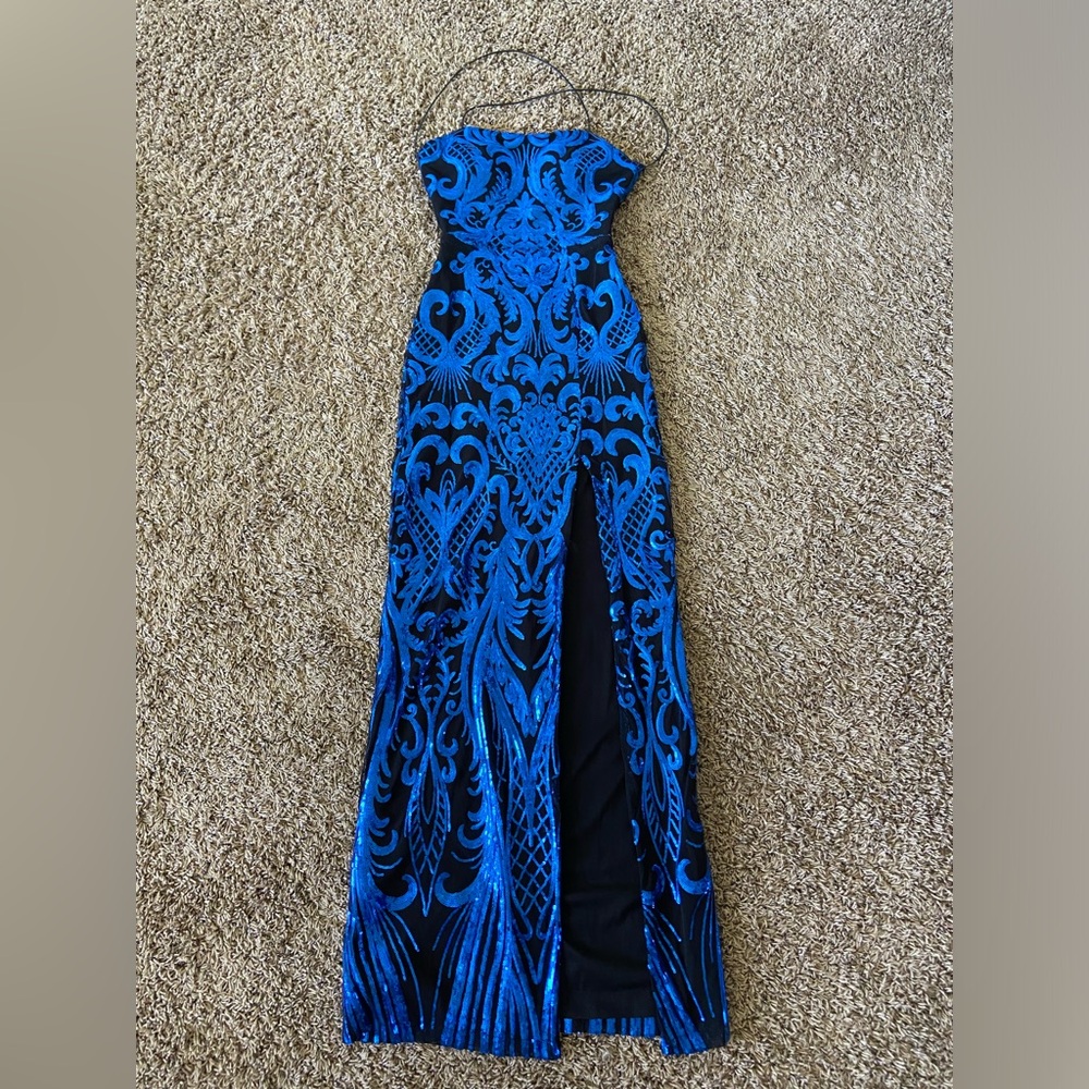 size 4 black and blue sequin backless prom dress